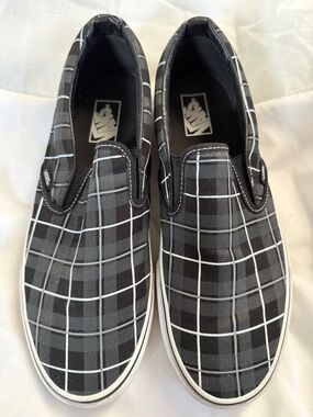 Vans Navy and Black Stripes Plaid Classic Slip On Shoes